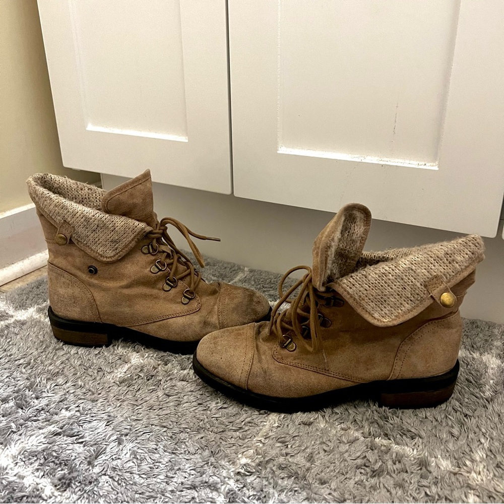 Brown Tan Ankle Boots Combat Boots lace up versatile adjustable 2 in 1 button - Picture 6 of 12